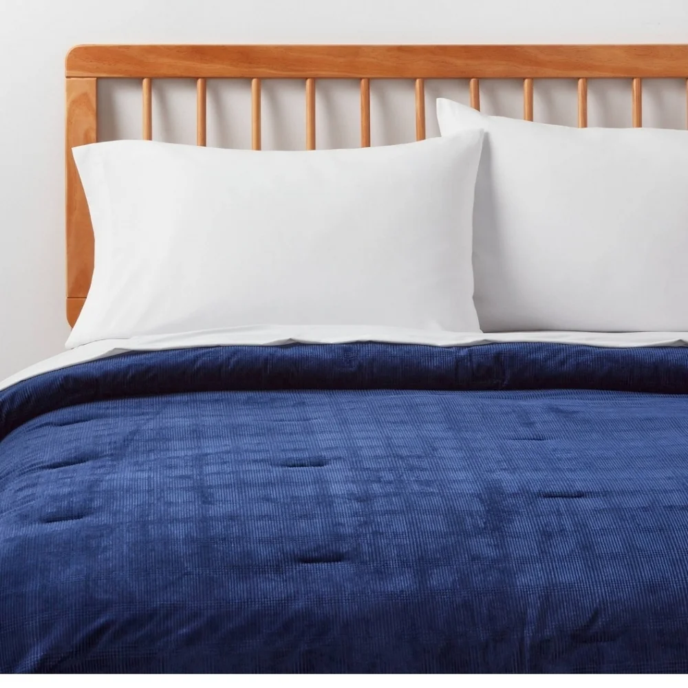 Twin/Twin Extra Long Corduroy Plaid Comforter Navy Blue - Room Essentials NEW